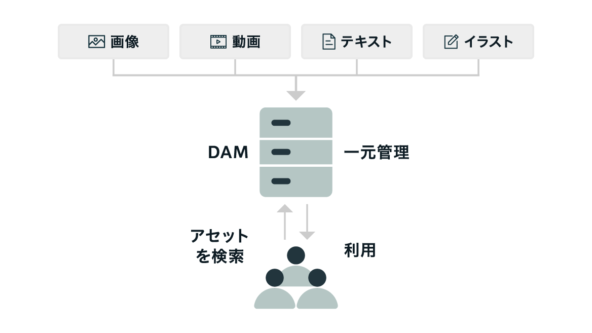 DAM機能。画像や動画、テキストなどを一元管理することができます。